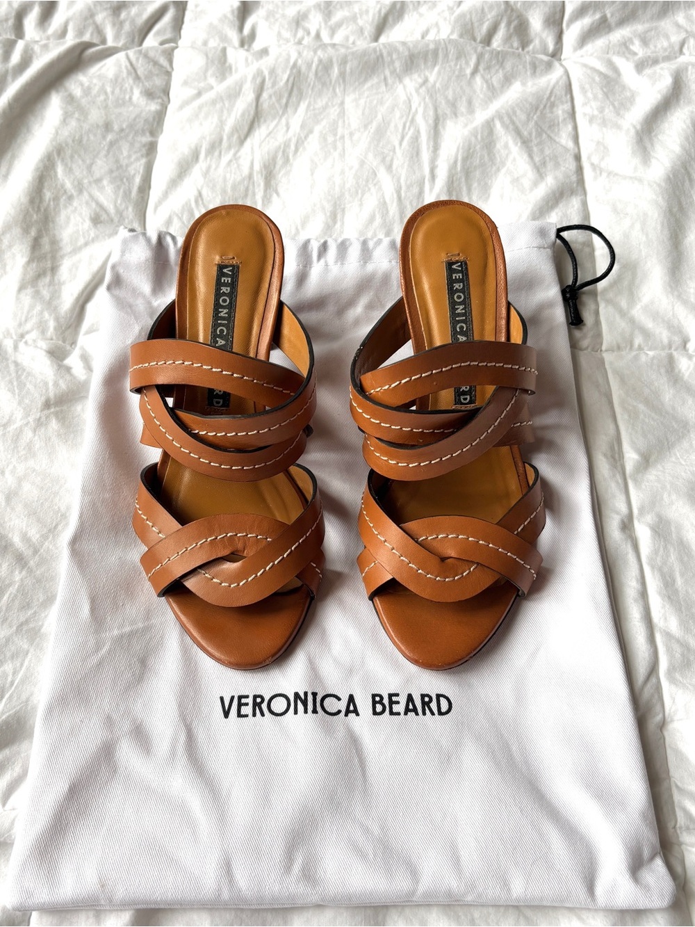 Veronica Beard Macey Vachetta Stitch Cognac Leather Block Heel Mules - EU 35.5